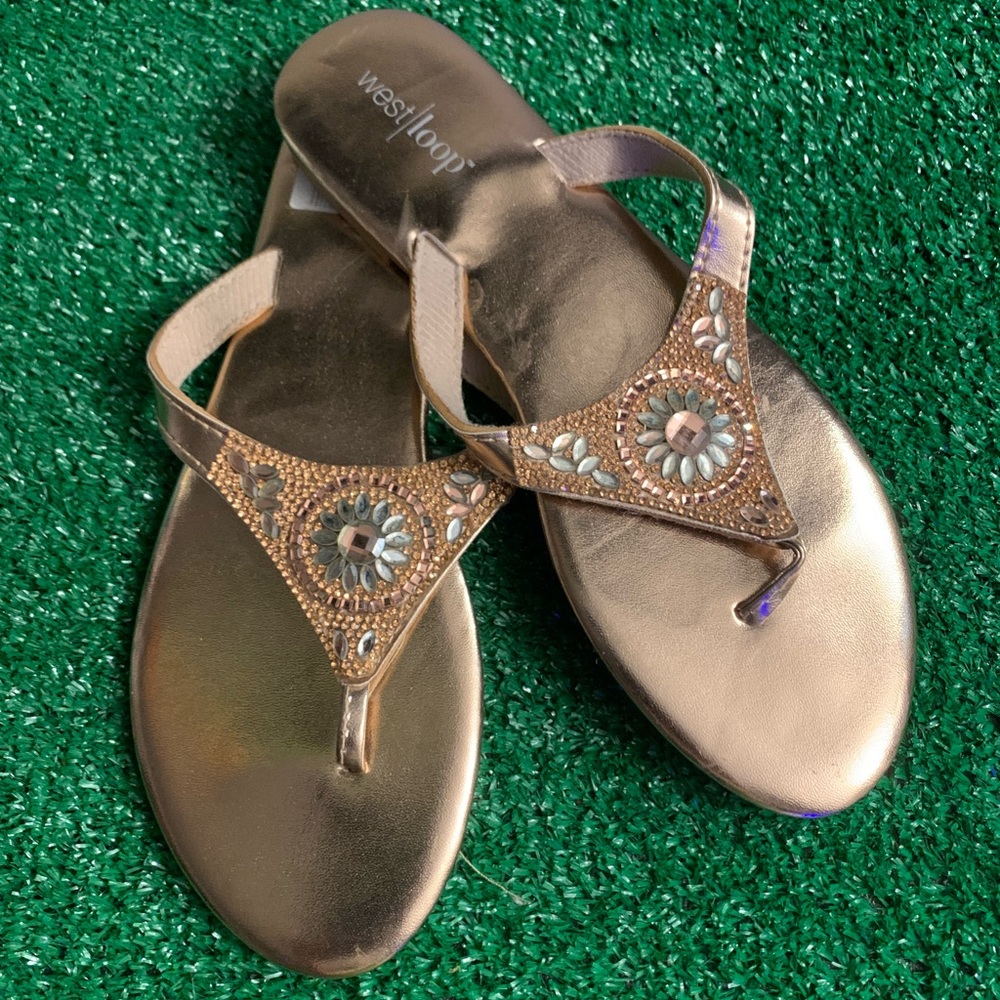 West loop metallic gold and rhinestone accent sandals nwot size 6.5-7 #